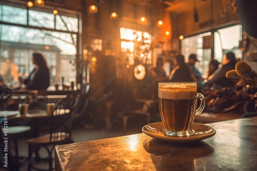 Glass of coffee on the wooden table in a bustling cafe setting. AI-generated.