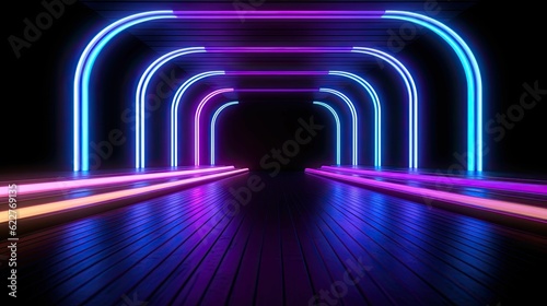 Dark tunnel with neon lights illuminating its walls. AI-generated.