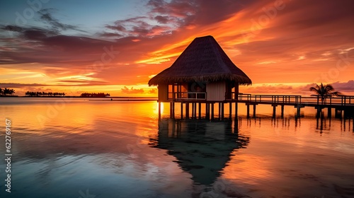 Over-water hut silhouetted against a scenic sunset backdrop over the ocean. AI-generated.