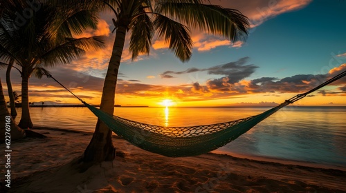 Hammock strung between two coconut trees on the beach at sunset. AI-generated. © Rxbb/Wirestock Creators