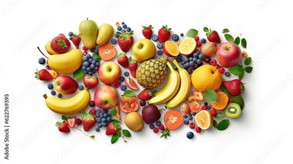 AI generated illustration of An array of colorful fruits arranged on a white background