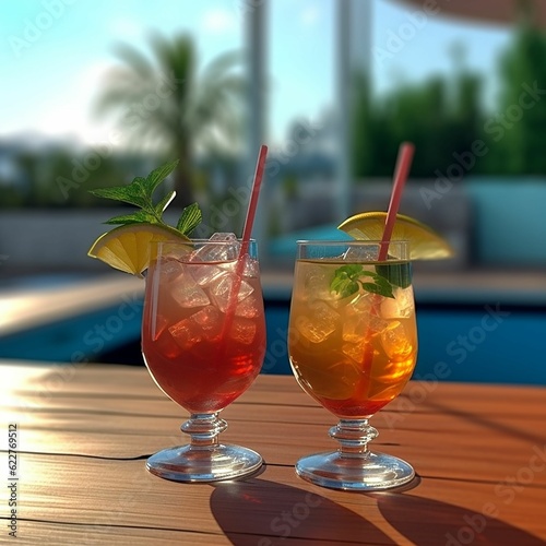 AI generated illustration of two glasses with colorful beverages decorated with slices of citrus