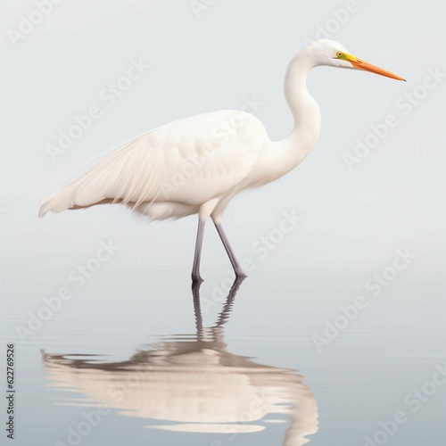 AI generated illustration of a great white egret with an elongated beak on the lake