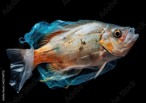 AI generated illustration of a dead fish in a plastic bag on a black background