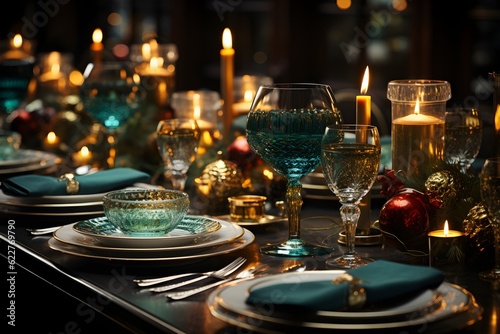 A beautiful table is laid for a stunning dinner party meal. It has nice glassware and candles in a teal color. Generative AI.