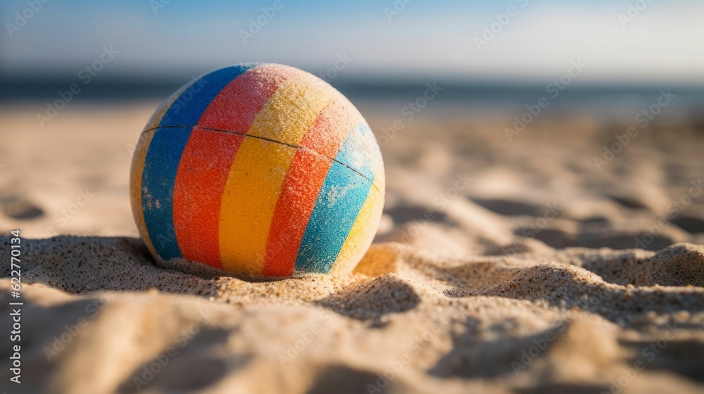 AI generated illustration of a tranquil beachscape with ball in the sand near the shoreline