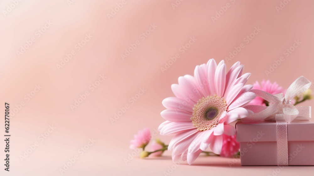 AI generated illustration of a wrapped pink present with a ribbon, pink flowers and copy space