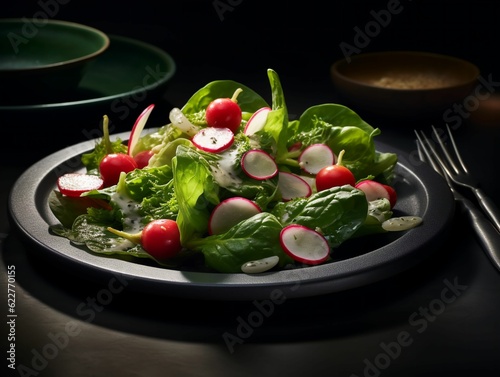 AI generated illustration of a plate of fresh delicious vegetable salad on the table