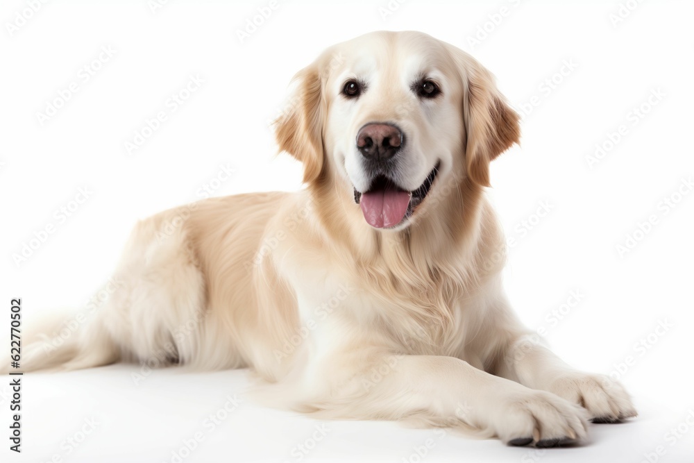 AI generated illustration of a cheerful golden retriever dog against a white background AI generated illustration of a cheerful golden retriever dog against a white background