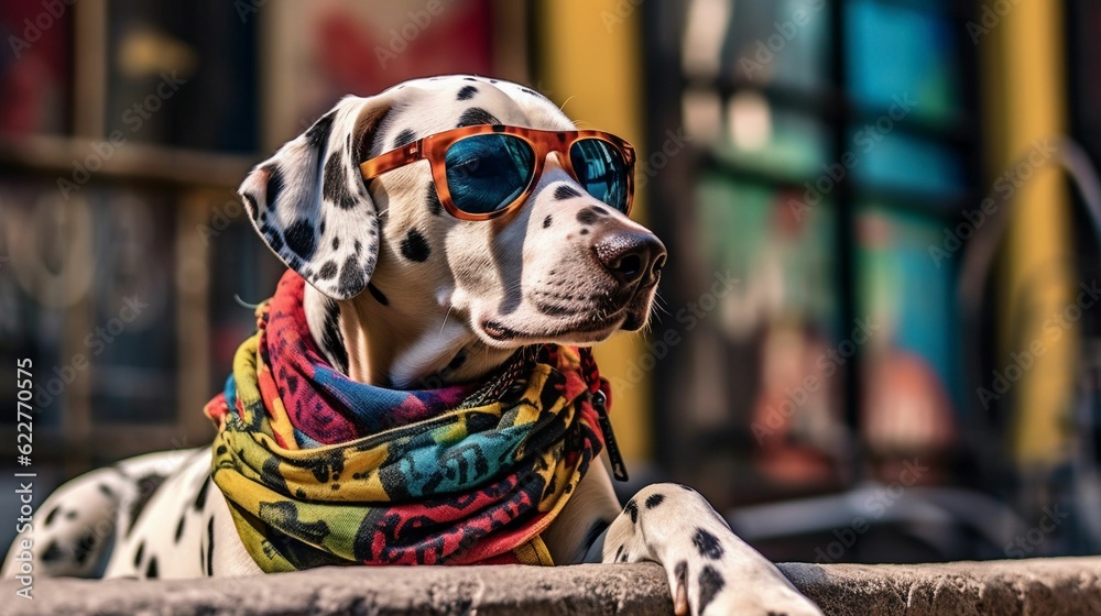 AI generated illustration of a cheerful Dalmatian wearing a vibrant scarf and sunglasses