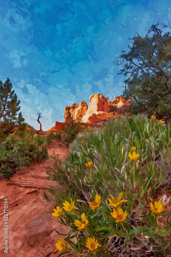 Digitally created watercolor painting of Broadway hiking trail in Arches National Park with golden aster photo