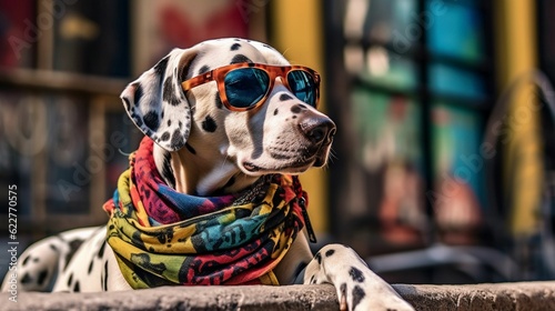 AI generated illustration of a cheerful Dalmatian wearing a vibrant scarf and sunglasses © Jumboline/Wirestock Creators