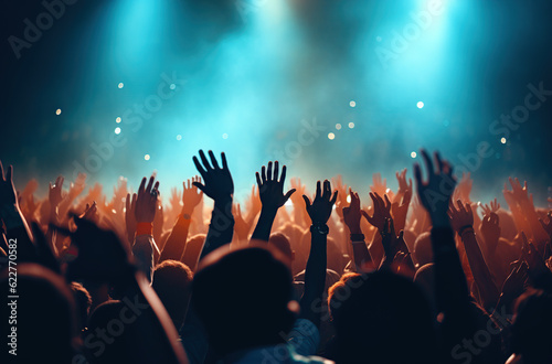 view of crowd of excited people having fun in front of stage on music concert Generative AI