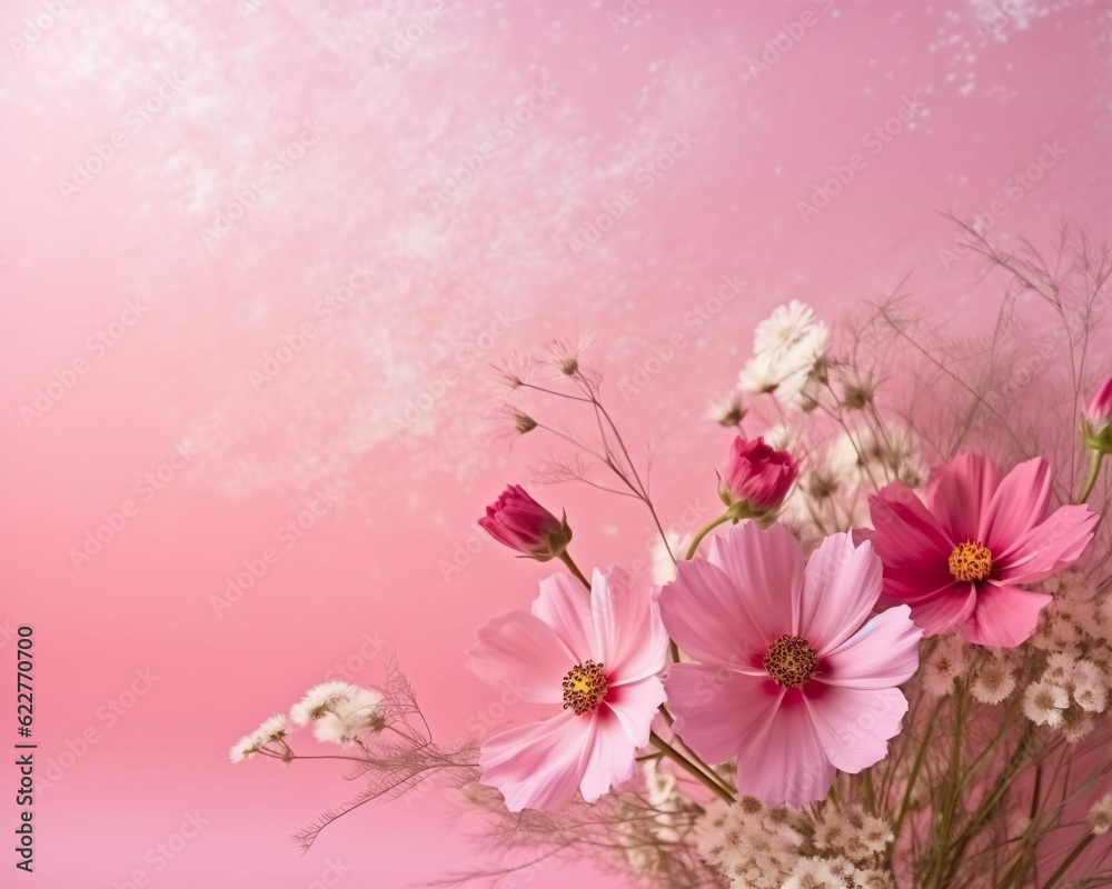 AI generated illustration of beautiful pink flowers against a pastel pink background