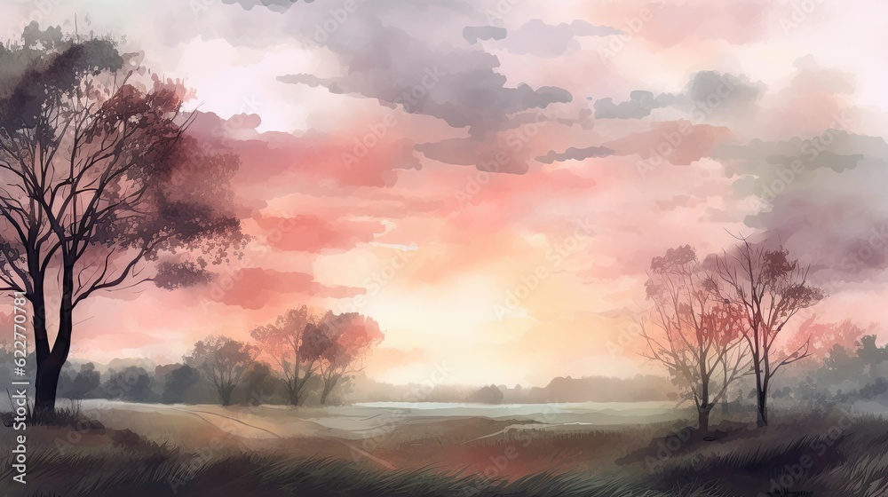 Fototapeta premium Watercolor illustration of a sunset over a serene landscape with pastel colors