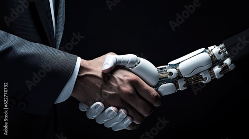 man in a suit shaking hands with a robot arm with black background