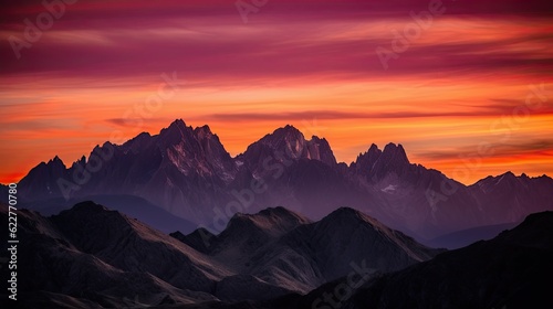 silhouetted mountains at dusk illustration with red, purple and orange colors