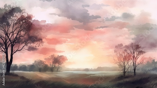Watercolor illustration of a sunset over a serene landscape with pastel colors © javier