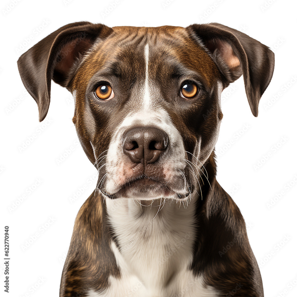 brown white short hair dog looking at you , isolated on transparent background cutout , generative ai