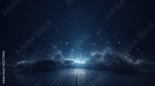 Abstract dark background with a bright light and particles
