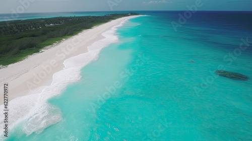 aerial view of a beach with blue water and clear sky with copy space
