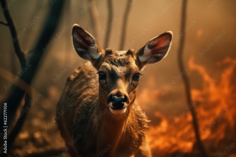 AI generated illustration of a deer walking through a smoky forest engulfed in flames AI generated illustration of a deer walking through a smoky forest engulfed in flames