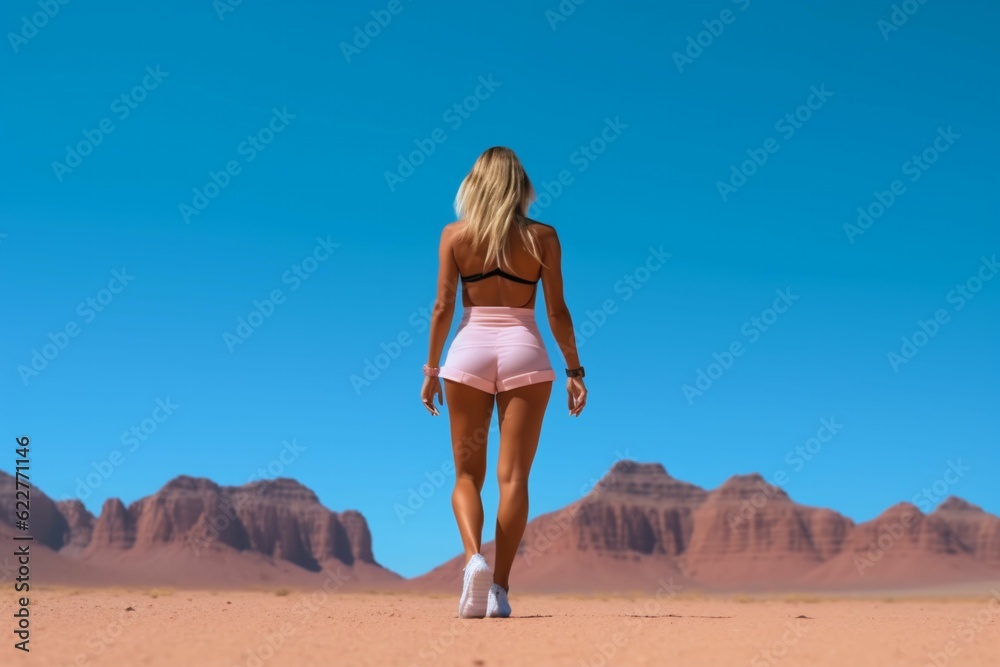 Female figure striding across a sun-drenched desert landscape, AI-generated.