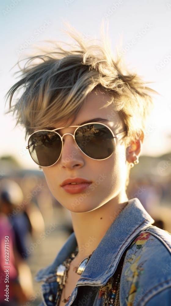 An androgynous woman with sunglasses stands at a beach in the sun. Ai generated An androgynous woman with sunglasses stands at a beach in the sun. Ai generated