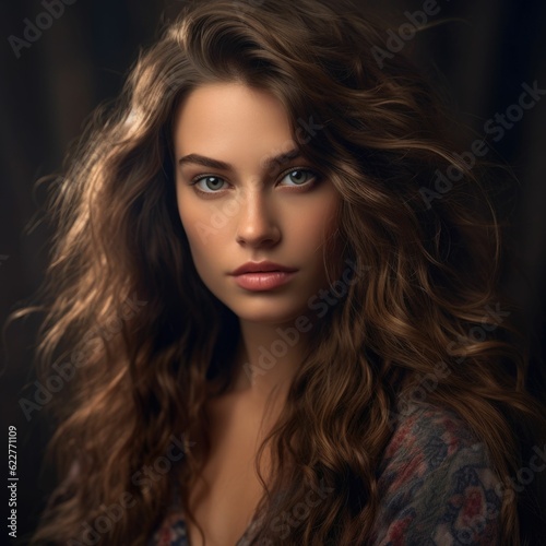 The young girl is posing for the camera on a dark background. Ai generated