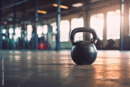 Stainless steel kettlebell resting on a hardwood gym floor, AI-generated.