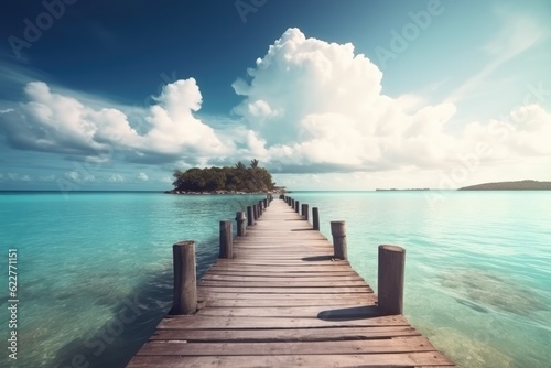Wooden pier to an island in ocean against beautiful blue sky with white clouds. Ai generative. © Nataly