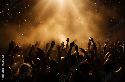 view of crowd of excited people having fun in front of stage on music concert Generative AI