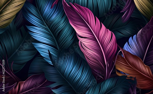 Tropical luxury exotic seamless pattern. Pastel colorful banana leaves. Generative AI.