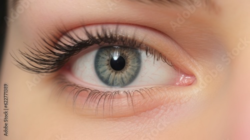 A close-up of a human eye in shades of greenish blue, with long and lush eyelashes, AI-generated