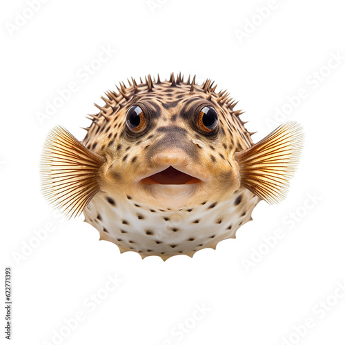 puffer fish looking at you , isolated on transparent background cutout , generative ai