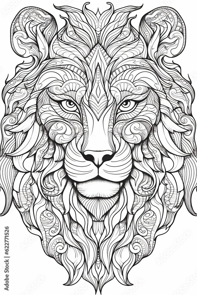 AI generated illustration of a simple coloring book lion face design