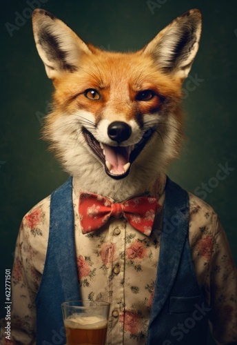 Fox wearing a formal bow tie, vest and dress shirt, AI-generated.