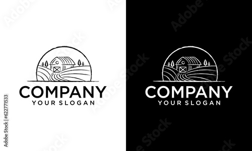 Farm House concept logo. Template with farm landscape. Labels for natural agricultural products. Black logotype isolated on white background. Vector illustration.