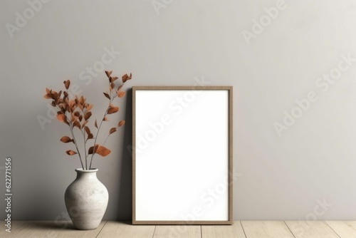 AI generated illustration of a photo frame mockup with copyspace and decorative plants
