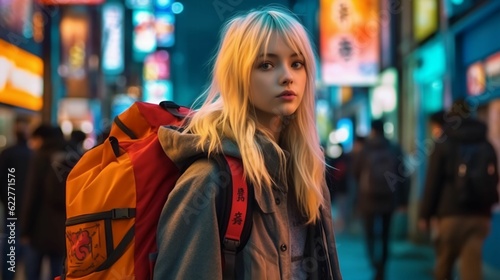 Young blonde woman wearing a backpack standing in a busy city street, AI-generated.