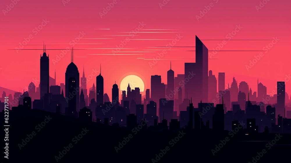 Urban skyline silhouetted against a setting sun. AI-generated.