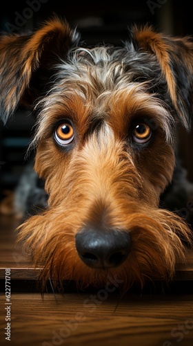 Portrait of an adorable furry brown dog.