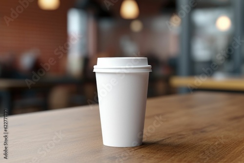 AI generated illustration of a paper coffee cup mockup with copyspace in a cafe