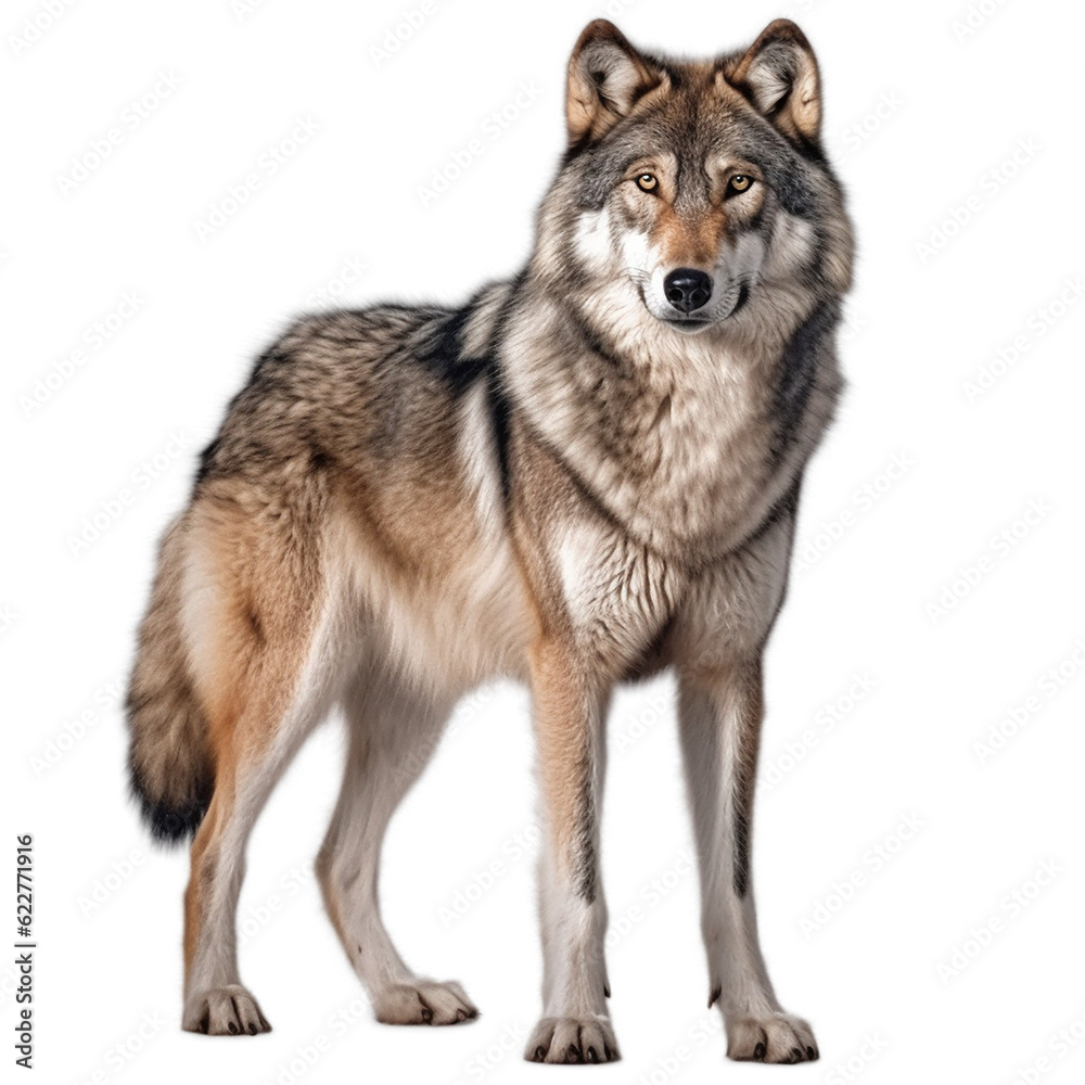 wolf standing , isolated on transparent background cutout , generative ai