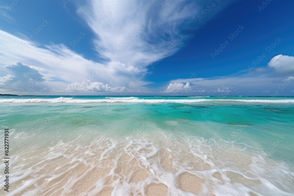 Beautiful beach with sand, turquoise ocean water and blue sky with clouds in sunny day. Ai generative.