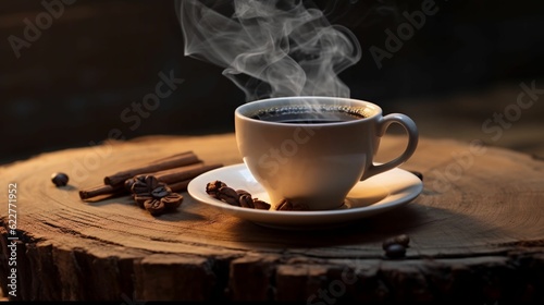 AI generated illustration of coffee with steam rising out of it on top of a wooden stump