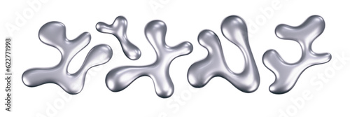 Chrome liquid 3d shapes in y2k style isolated on a white background. Render of 3d metal silver star, flower, heart and melt fluid form in aesthetic futuristic style. 3d vector y2k illustration.