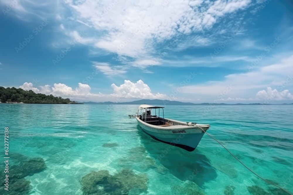 Boat in turquoise ocean water against blue sky with white clouds and tropical island. Ai generative.