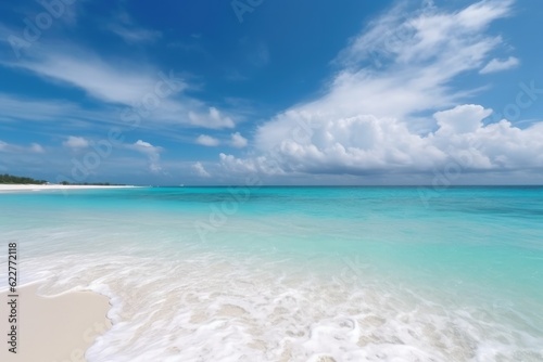 Beautiful beach with sand, turquoise ocean water and blue sky with clouds in sunny day. Ai generative.