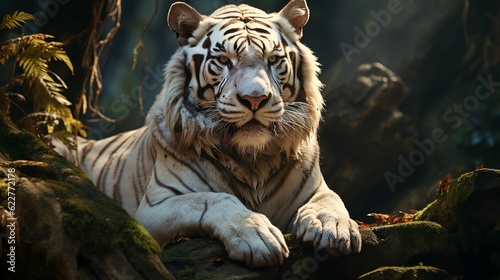 Majestic white tiger in a tranquil forest setting. AI-generated.